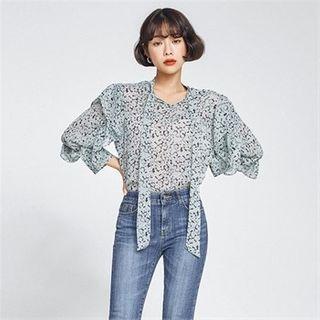 Tie-neck Floral Print Chiffon Blouse Mint Green - One Size
