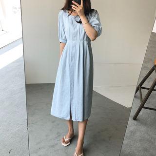 Puff-sleeve Pintuck-trim Linen Blend Dress