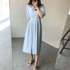 Puff-sleeve Pintuck-trim Linen Blend Dress