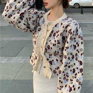 Lantern Sleeve Floral Ruffled Cropped Cardigan White - One Size