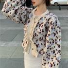 Lantern Sleeve Floral Ruffled Cropped Cardigan White - One Size