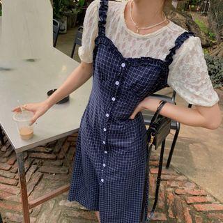 Short-sleeve Lace Blouse / Plaid Midi Overall Dress