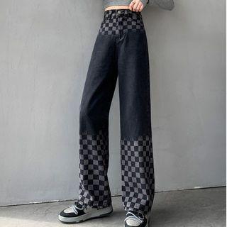 Check Panel High Waist Wide Leg Jeans