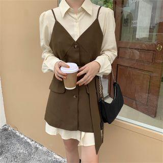 Plain Shirt / Spaghetti Strap Button-up Mini Dress