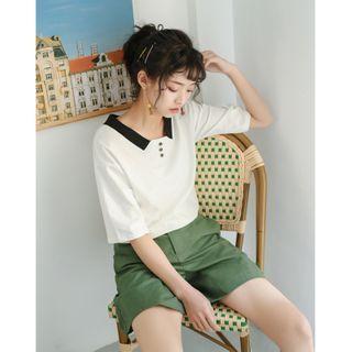 Contrast Trim V-neck Short-sleeve T-shirt White - One Size