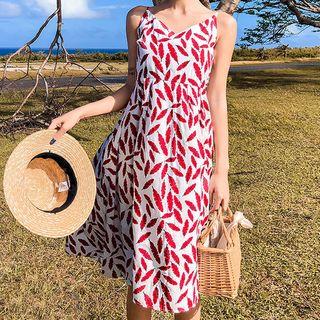 Leaf Print Strappy Midi A-line Sundress