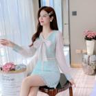 V-neck Bow-accent Tweed Panel A-line Dress