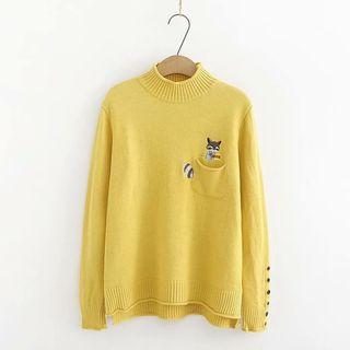 Mock-neck Fox Embroidery Sweater
