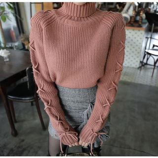 Turtle-neck Lace-up Sleeve Sweater