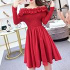 Off-shoulder Long-sleeve Smocked Mini A-line Dress