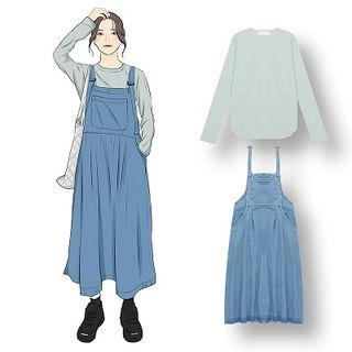 Plain Long-sleeve T-shirt / Midi Denim Jumper Dress