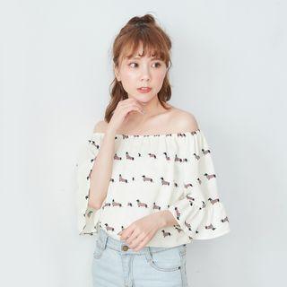 Cold Shoulder Dog Print Elbow-sleeve Top Off-white - One Size