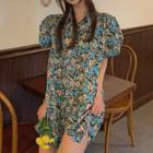 Puff-sleeve Floral Print Shift Dress Floral - Green & Blue & Yellow - One Size