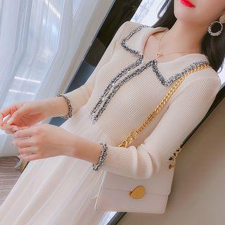 Fray Trim Mesh Overlay Knit Dress
