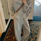Set: Plain Zip Sweatshirt & Drawstring Wide-leg Sweatpants