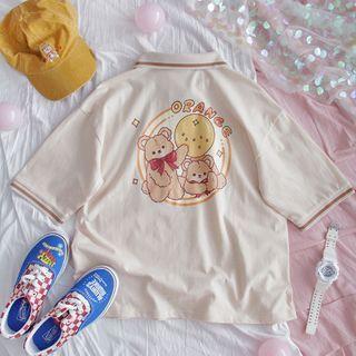 Bear Printed Short-sleeve Polo Shirt As Shown In Figure - One Size