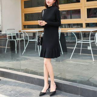 Mock-turtleneck Ruffle Hem Rib Knit Sweater Dress