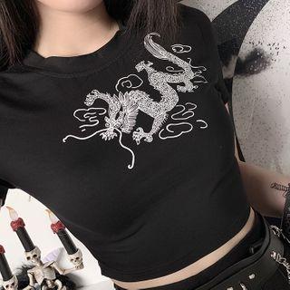 Short-sleeve Dragon Print Cropped T-shirt
