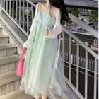 Spaghetti Strap Midi A-line Dress / Lace Trim Cardigan