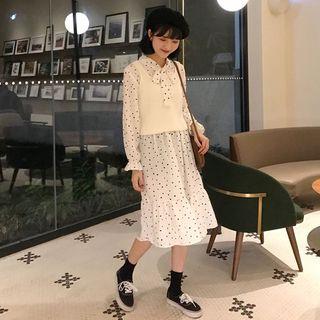 Knit Vest / Long-sleeve Dotted Midi Dress