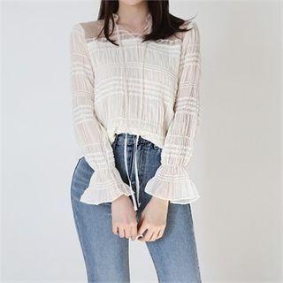 Tie-neck Sheer-yoke Shirred Blouse