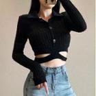 Polo-neck Cable Knit Cropped Cardigan