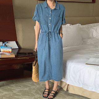 Short-sleeve Henley Drawstring Denim Mini Shirt Dress