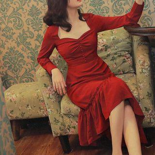 Long-sleeve Asymmetrical Ruffle Hem Sheath Dress