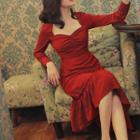 Long-sleeve Asymmetrical Ruffle Hem Sheath Dress