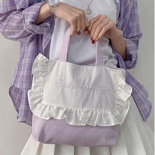 Letter Embroidered Ruffled Canvas Tote Bag