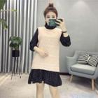 Set: Dotted Long-sleeve Dress + Ribbed Knit Vest