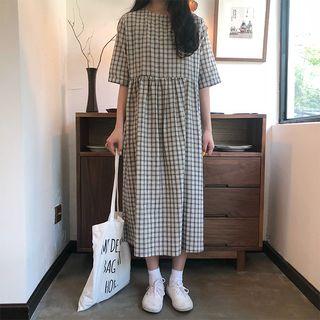 Elbow-sleeve Checker Midi Dress White - One Size