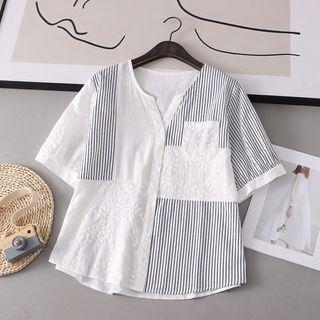 Short Sleeve Pinstripe Panel Shirt White - One Size