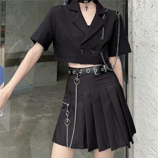 Elbow-sleeve Double-breasted Blazer / Pleated Mini A-line Skirt