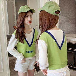 Mock Two Piece Long-sleeve Color Block Lettering Tee