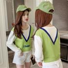 Mock Two Piece Long-sleeve Color Block Lettering Tee