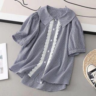 Gingham Lace Trim Blouse Blue & White - One Size