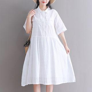 Plaid Collared Elbow-sleeve Dress