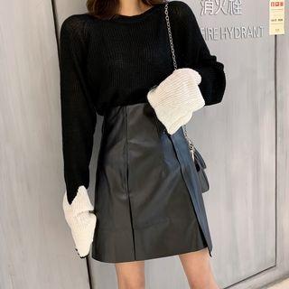 Color-block Long-sleeve Knit Top / Faux-leather Skirt Sweater - As Figure - One Size