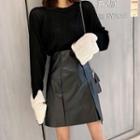 Color-block Long-sleeve Knit Top / Faux-leather Skirt Sweater - As Figure - One Size