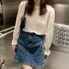 Long-sleeve Lace Top / Denim A-line Skirt