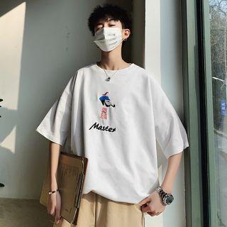 Elbow-sleeve Cartoon Embroidered T-shirt
