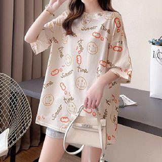 Elbow-sleeve Smile Face Print Oversized T-shirt