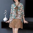 3/4-sleeve Leopard Print Paneled Mini Dress