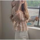 Short Sleeve Square Neck Plaid Frill Trim Peplum Top