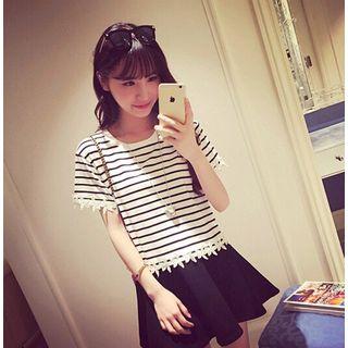 Set: Short-sleeve Paneled Striped Top + Plain A-line Skirt