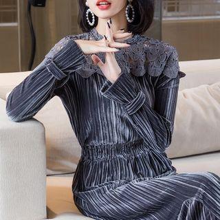 Lace Panel Long Sleeve Velvet Midi Dress