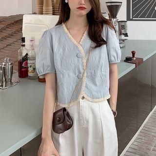 Short-sleeve Plain V-neck Lace-trim Blouse