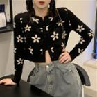 Floral Print Cropped Cardigan Black - One Size