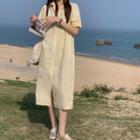 Short-sleeve Plain Midi Shirtdress Yellow - One Size